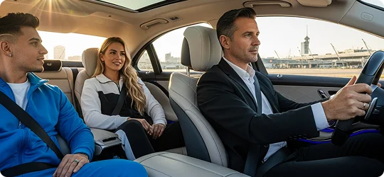 The interior of a luxury car looking from the front passenger seat toward the back. A male chauffeur in a suit is driving, while a young man in a blue tracksuit and a woman in a white and black jacket sit in the rear leather seats.