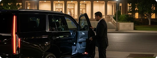 A chauffeur in a black suit holds the open front door of a black Cadillac Escalade SUV at night. The vehicle is parked in front of a well-lit, stately building with large columns and steps, likely a university hall or government building.