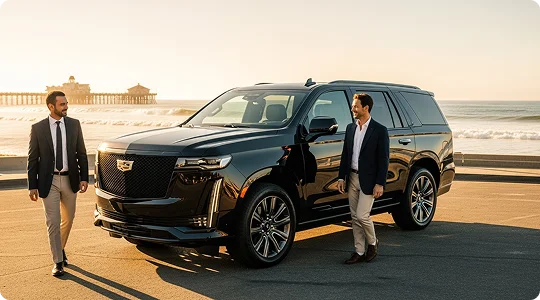 Two chauffeurs in suits stand next to a black Cadillac Escalade SUV on a sunny day at a beachside parking lot with a pier visible in the distance.