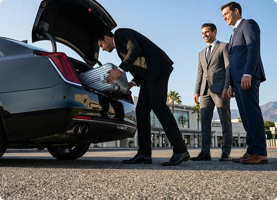 A professional chauffeur in a black suit bends down to load a silver suitcase into the trunk of a luxury sedan. Two businessmen in tailored suits stand nearby and watch with smiles outdoors near an airport terminal building.