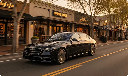 A sleek black Mercedes-Benz sedan drives past upscale shops and a 'Wine Bar' on a well-lit street during the golden hour.