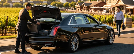 A chauffeur in a dark suit is loading a black bag into the open trunk of a black luxury sedan (appears to be a Cadillac) on a sunny road. A passenger carrying a small briefcase is walking away from the vehicle in the background. The surroundings feature cultivated fields with rows of plants and wooden buildings, suggesting an agricultural estate or retreat.