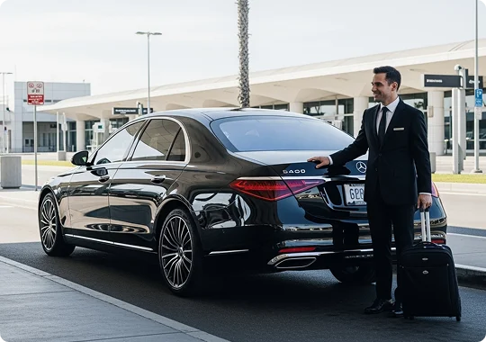 A well-dressed chauffeur in a black suit stands beside a black Mercedes-Benz S-Class luxury sedan, holding the trunk open for a piece of rolling luggage at an airport or executive drop-off location, highlighting an airport transfer service.