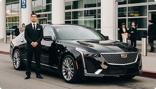 A chauffeur in a suit stands next to a black luxury sedan (Cadillac) on a curbside in front of a modern building, likely an airport or business center.