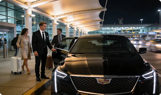 A suited chauffeur holds the rear door open of a black Cadillac CT6 parked outside in an airport terminal at night. Passengers with rolling suitcases and shoulder bags walk in the background along with fast moving cars in blur motion.