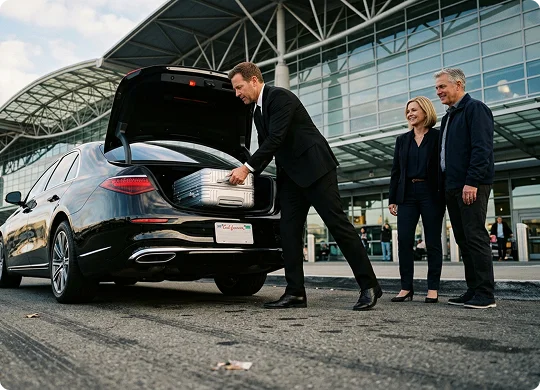 A professional chauffeur in a suit leans over to place a silver suitcase inside the open trunk of a black luxury sedan. A smiling man and woman stand together nearby outside a modern glass airport terminal building.