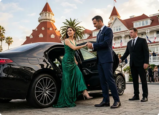 A man assists a woman in an emerald green gown in a navy suit as she steps out of a black sedan. A professional chauffeur holds open the vehicle door in front of a grand resort hotel with red-roofed towers.