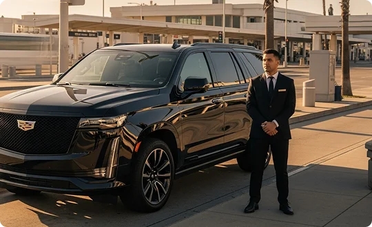 A male chauffeur in a suit stands next to a black Cadillac Escalade SUV at an airport terminal.