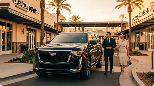 A male chauffeur in a suit and a female passenger in a beige dress walk together next to a black Cadillac Escalade SUV at a palm-tree-lined outdoor shopping center at sunset.