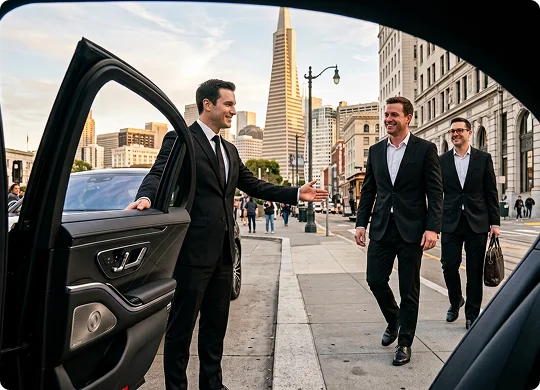 A smiling chauffeur in a black suit holds open the car door and gestures to welcome two businessmen. The men walk along a city sidewalk toward the vehicle with skyscrapers and an iconic pyramid building in the background.