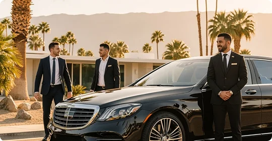 A chauffeur in a suit smiles while standing next to a black Mercedes-Benz S-Class sedan as two businessmen approach in a sunny, palm-lined setting.