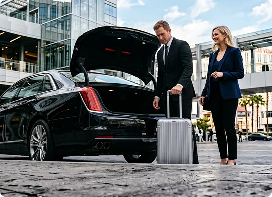 A chauffeur in a suit loads a silver suitcase into the open trunk of a black luxury sedan. A blonde businesswoman in a navy blazer stands alongside him on a paved plaza outside a modern building.