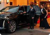Chauffeur holding open the rear door of a black Cadillac Escalade for a couple dressed in formal wear standing on a red carpet outside a hotel entrance at night.