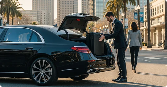 A chauffeur in a dark suit is loading a large black rolling suitcase into the open trunk of a black luxury sedan (appears to be a Mercedes-Benz S-Class). A female passenger, dressed in a blazer, walks away from the car in the background toward the city street. The setting is an urban street lined with palm trees and tall buildings.