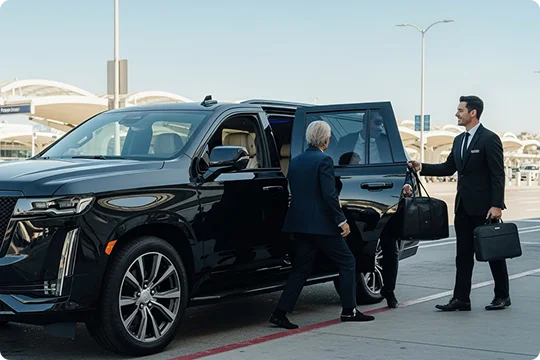 A chauffeur in a suit helps two elite passengers with their luggage as they exit a black Cadillac Escalade SUV at the airport terminal.