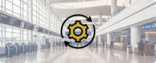 Airport terminal interior with check-in kiosks, departure boards, and passengers walking. A yellow and black icon with a gear inside a circular refresh/process arrow is digitally superimposed in the center of the image.