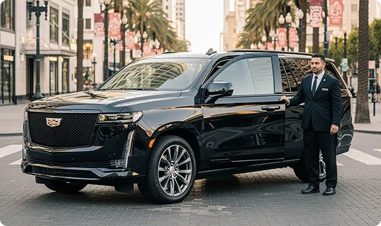 A chauffeur in a dark suit stands next to a black Cadillac Escalade SUV with the front passenger door slightly ajar. The vehicle is parked on a city street lined with palm trees and banners.