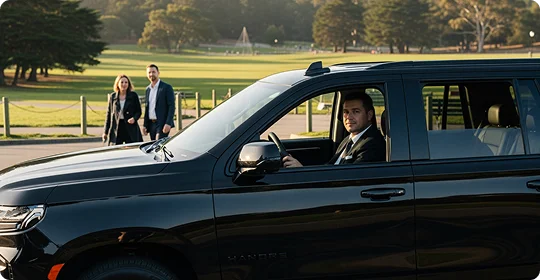 A chauffeur in a black suit sits in the driver's seat of a black SUV, looking directly forward. In the background, a couple in business attire walks away from the vehicle across a sunny, grassy park or golf course, framed by trees. The scene suggests a drop-off or pickup in a pleasant outdoor location.