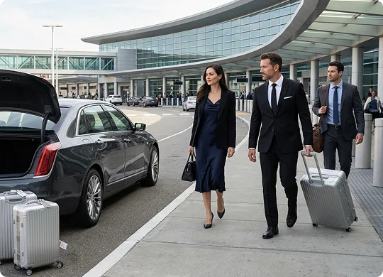Three business professionals walking along an airport sidewalk with silver rolling suitcases. A black luxury sedan with an open trunk is parked curbside in front of a modern glass terminal building.