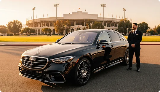 A smiling chauffeur in a suit stand besides a black Mercedes-Benz parked outside the drop-lane of a stadium in bright sunlight shining over everything while the stadium is clearly visible in the background.