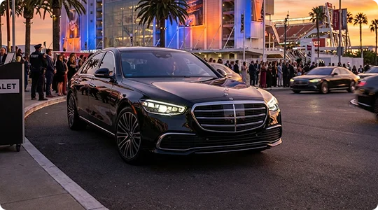 A black Mercedes-Benz S-Class approaching a valet stand in front of a brightly lit stadium at dusk. The scene is busy with people in formal wear and other luxury vehicles moving in the background under a colorful sunset sky.