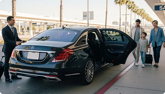 A chauffeur in a suit opens the rear door of a black Mercedes-Benz S-Class sedan for a family (father, son, and mother) with luggage at an airport curb. Palm trees are visible in the background.