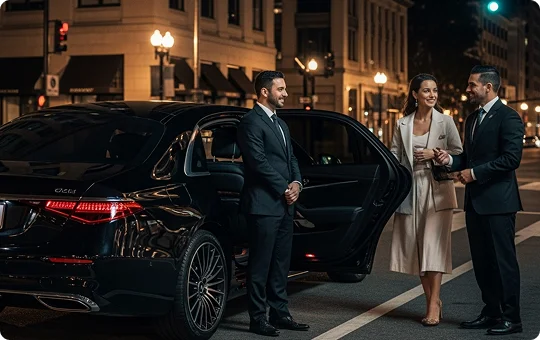 A chauffeur in a dark suit holds the open door of a black luxury sedan for a professional couple who are smiling and speaking with another man in a suit. They are on a city street at night, with buildings and streetlights visible in the background.