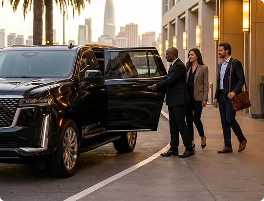 A young couple smartly dresse walks towards a black Cadillac Escalade parked outside a hotel with its rear door held open by a chauffeur. Distant background shows city building views.