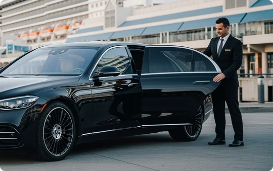 A chauffeur in a dark suit is holding the rear passenger door open on a black Mercedes-Benz S-Class sedan. The background features a large cruise ship or maritime terminal structure.