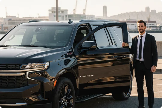 A smiling chauffeur in a black suit is standing beside a large, black SUV (Chevrolet Tahoe/Suburban style) with the rear passenger door open. The background is a sunny urban waterfront with distant buildings, cranes, and hills.