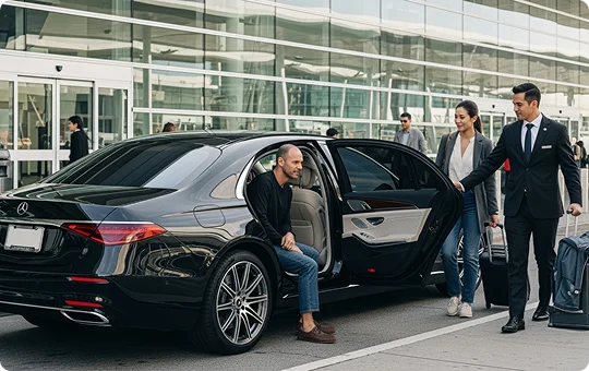 A professional chauffeur in a dark suit assists a woman with luggage near a black luxury sedan at an airport curb, while a male passenger sits in the rear seat.