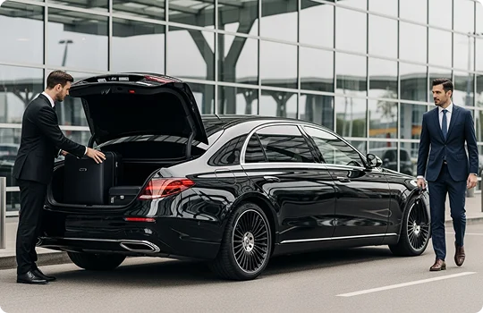 A chauffeur places luggage into the open trunk of a black luxury sedan parked outside a modern glass building as a passenger walks toward the car.