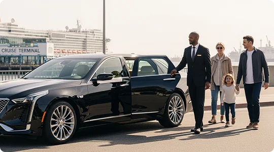 A chauffeur in a dark suit stands next to a black luxury sedan (appears to be a Cadillac) with the rear door open, waiting for a family to board. A smiling family of three—a woman, a man, and a young girl holding the woman's hand—walk toward the vehicle. In the background is a cruise terminal and a large cruise ship docked at the pier.