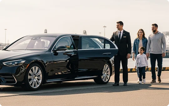 A chauffeur in a black suit holds open the rear door of a black Mercedes-Benz S-Class sedan for a family of three—a man, woman, and young boy—who are walking toward the vehicle in a sunny, industrial port area.