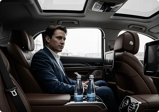 A businessman in a blue suit sits comfortably in the luxurious back seat of a car, with brown leather seats, a sunroof, and small bottles of water in the console.