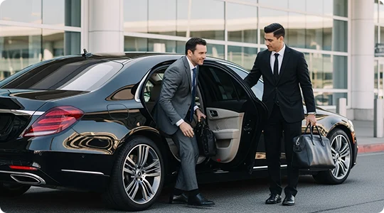 A chauffeur in a black suit holds the door of a black Mercedes-Benz S-Class sedan open for a businessman in a gray suit who is exiting the back seat. The chauffeur is also holding the businessman's black leather luggage in his other hand.