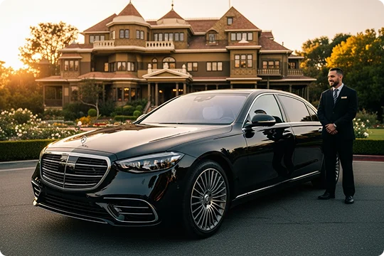 A chauffeur in a suit stands next to a black Mercedes-Benz S-Class sedan outside a large, historic building.
