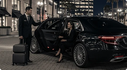 A smiling chauffeur holds the read door of a black business sedan and a suitcase in his other hand while a formally suited lady exits the car while smiling at the chauffeur on a front drop-off at the hotel at night.