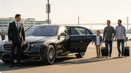 Chauffeur standing by a black sedan with an open door as two men and a boy approach, pulling luggage with a bridge in the background.