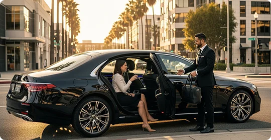 A chauffeur in a suit helps a female passenger get out of a black sedan on a city street with palm trees.