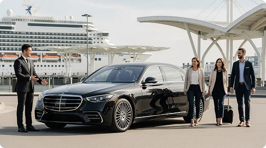 A chauffeur in a black suit gestures toward the door of a black Mercedes-Benz S-Class sedan at a cruise ship terminal. Three formally-dressed passengers—two women and one man—walk toward the car with their luggage. A large white cruise ship is visible behind them.