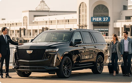 A chauffeur stands next to a black Cadillac Escalade SUV near Pier 27 as a couple with rolling luggage approaches the vehicle.