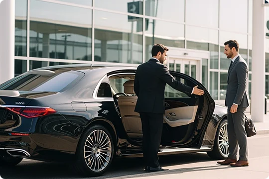 A chauffeur in a black suit opens the rear door of a black Mercedes-Benz luxury sedan for a male passenger in a gray suit who stands holding a briefcase. The car is parked in front of a modern building with large glass windows, likely at an airport or business center.