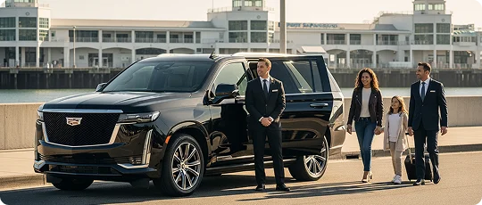 Black luxury SUV with a chauffeur and a family walking towards it.
