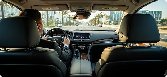 An interior view from the back seat of a Cadillac, showing a chauffeur in a suit driving down a palm-lined boulevard. The dashboard features wood trim and a digital infotainment screen, with modern architecture visible through the windshield.