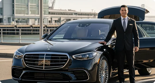Chauffeur standing with a black Mercedes Benz S-Class with his hand placed on its hood from left side while the trunk and rear door of the car is opened. the car is parked besides at a beach area a modern building visible in the background.