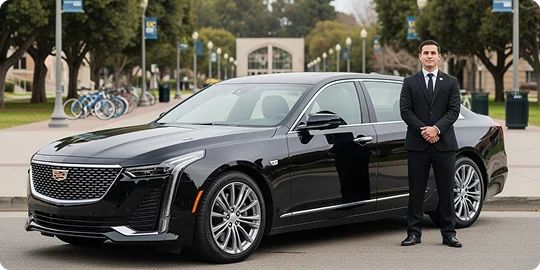 A smiling chauffeur in a formal black suit stands next to a shiny black Cadillac CT6 luxury sedan. The car is parked on a college campus or tree-lined boulevard with classical architecture and a rack of bicycles blurred in the background.
