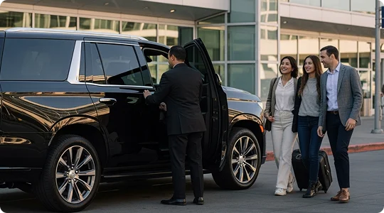 A professional chauffeur in a dark suit holds the door of a black luxury SUV open for a group of three smiling passengers coming to the vehicle with a rolling suitcase near a modern building.