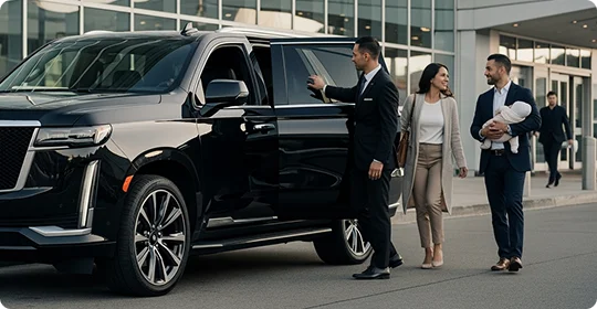 A chauffeur in a black suit holds open the rear door of a black Cadillac Escalade SUV outside a modern building. A couple walks toward the car: the man on the right holds a swaddled baby, and the woman walks beside him, smiling.
