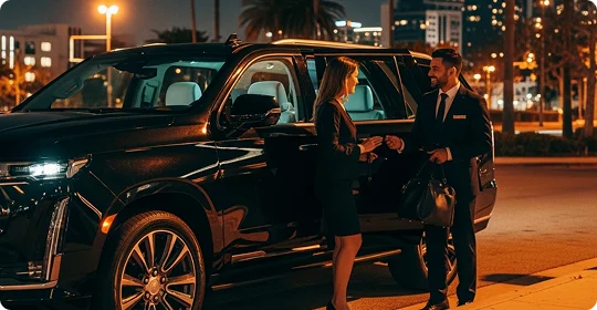 A chauffeur in a suit helps a female passenger with her bag as she gets into a black Cadillac Escalade SUV at night.